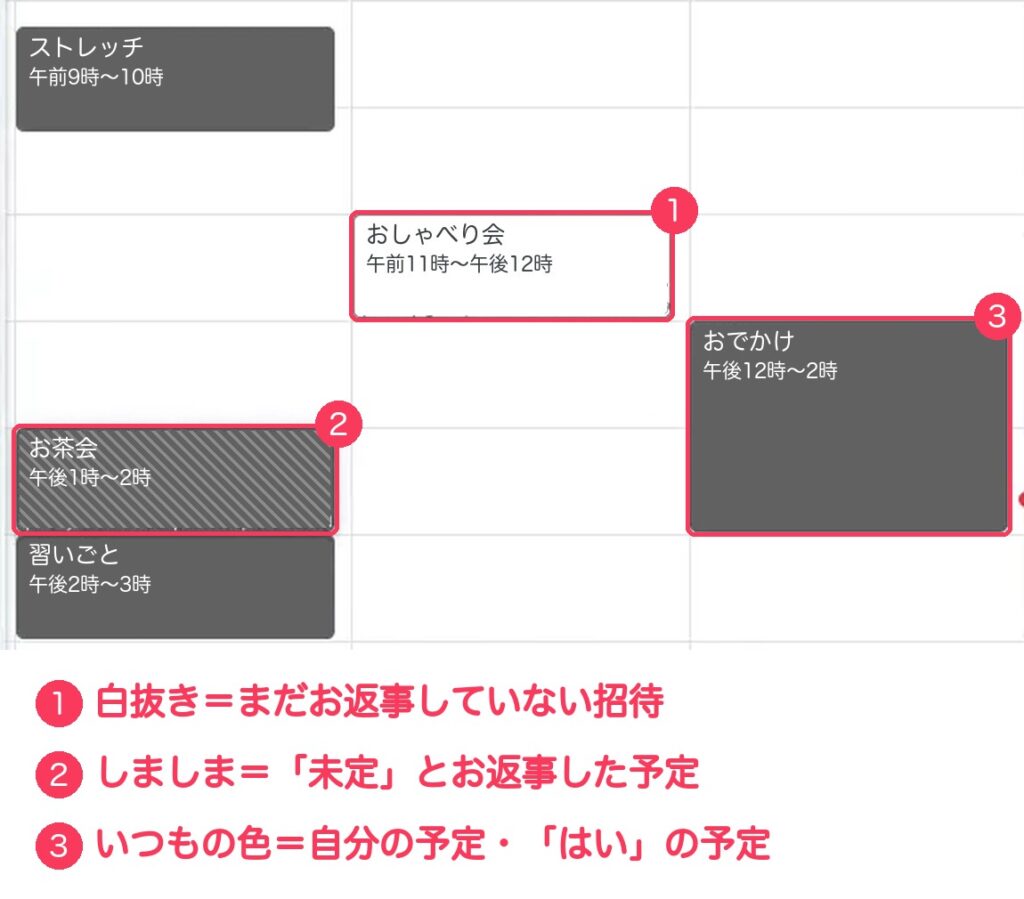 Googleカレンダーの週表示。白抜きの予定、しましまの予定、いつもの色の予定に赤い枠と番号
