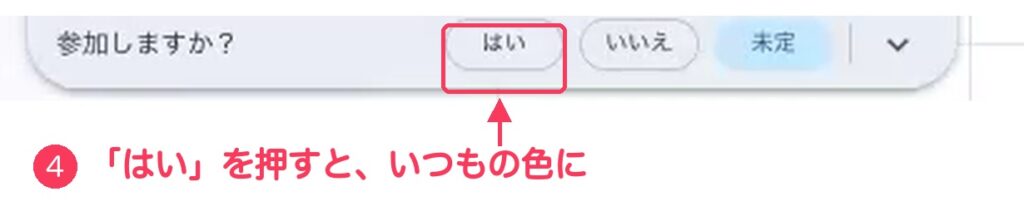 予定の画面のいちばん下「参加しますか？」のはい・いいえ・未定。はいに赤い枠